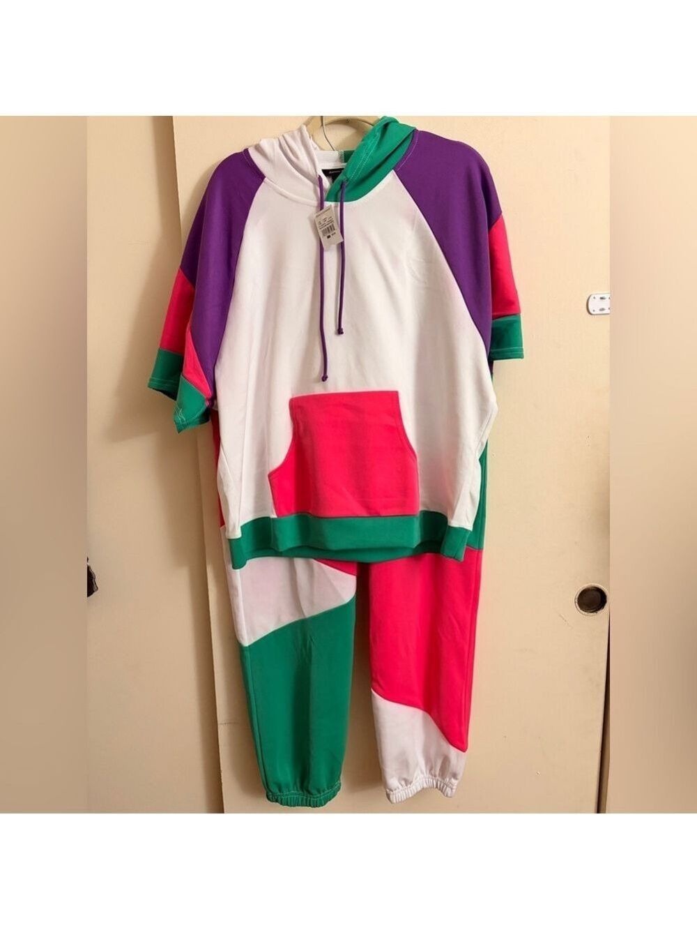 ASHLEY STEWART Sport Color Block Short Sleeve Hoodie& Sweats Set Size 18-20 NWT